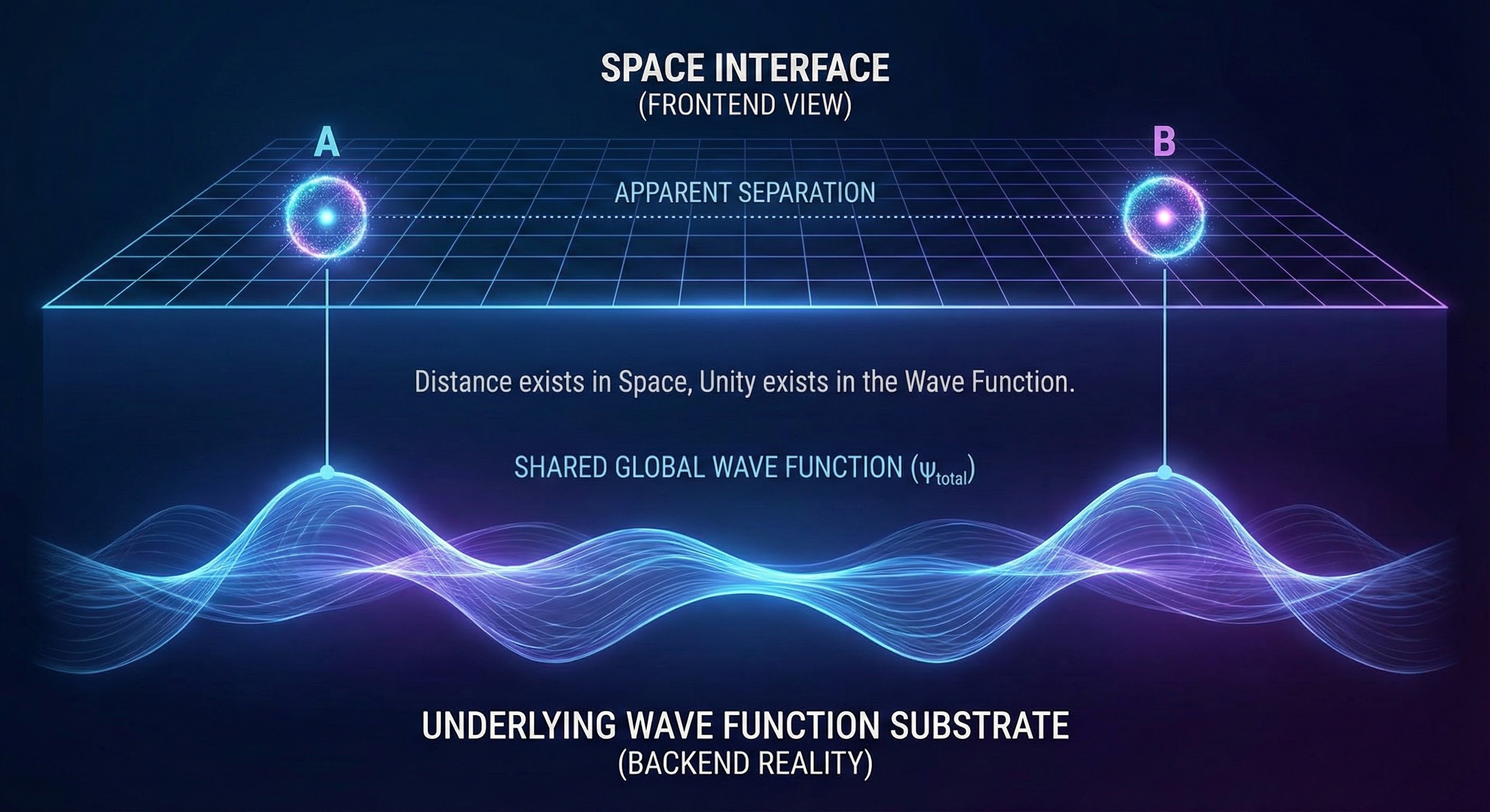Quantum entanglement: apparent separation in space, unity in the wave function